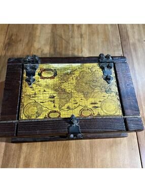 Vintage Wooden Jewelry Trinket Box Book Shape Hand Carved World Map Decoration